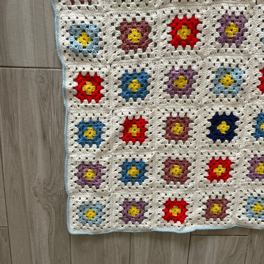 Handmade Crochet Granny Square Baby Blanket MultiColor White 24x36 Nursery Throw